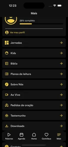Menu do App IBTAUÁ: Jornadas, Kids, Bíblia, Planos de leitura, Ao Vivo e Pedidos de oração